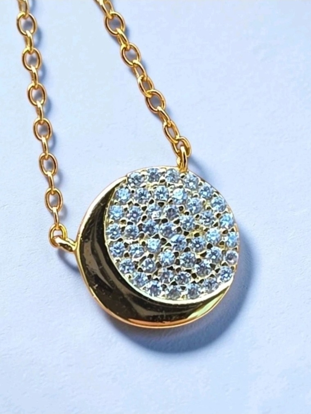 Sterling Silver Signed 925 LA CN Vermeil CZ Crescent Moon Pendant Necklace 18"